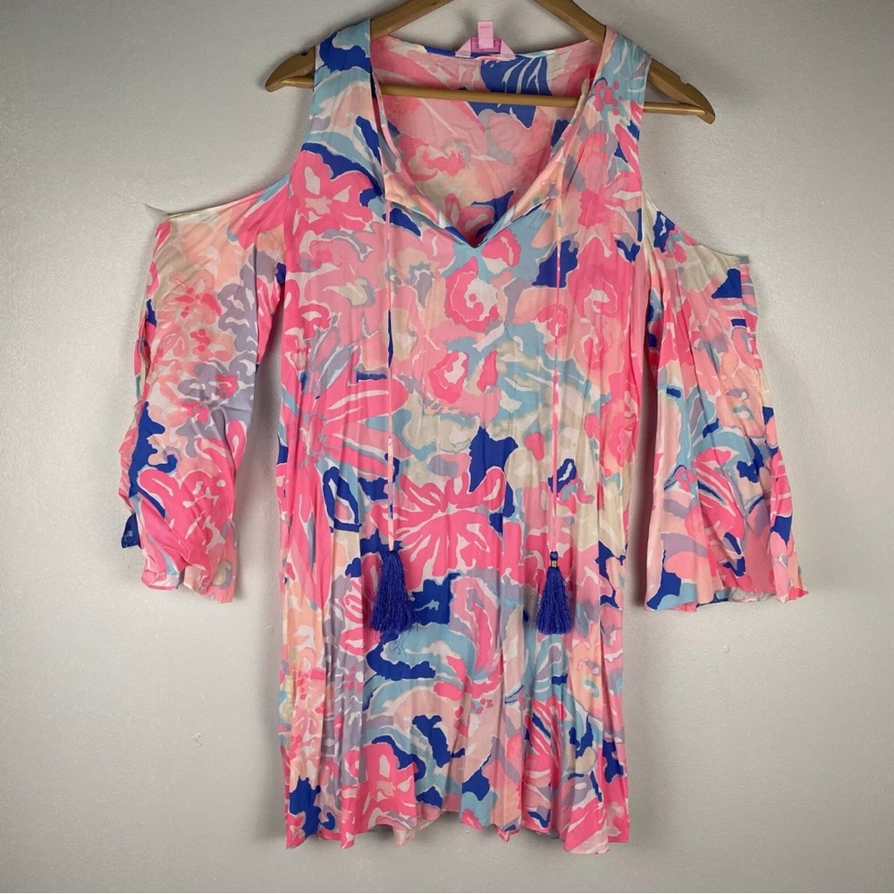 Lilly Pulitzer Benicia Pink Dress S Tunic Floral Cold Shoulder Vacation Preppy